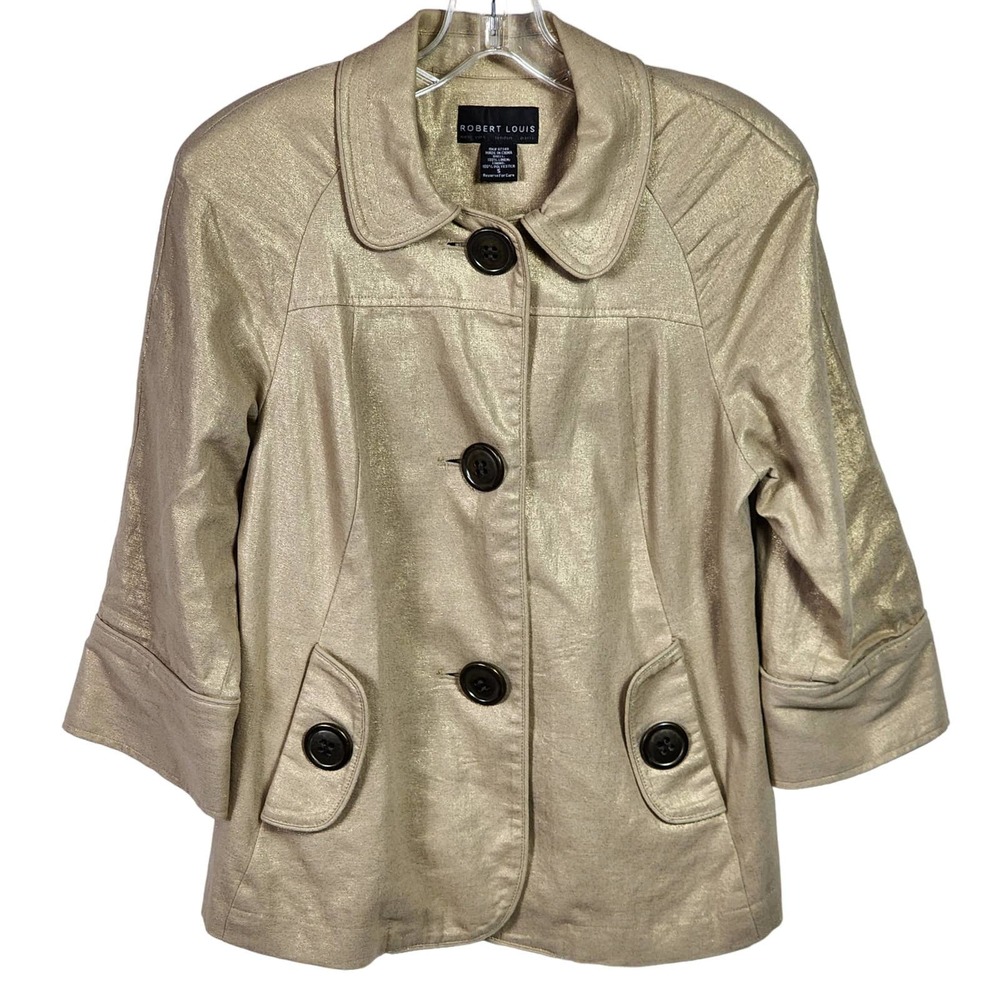 Vintage 90s Robert Louis Gold Shimmer Khaki Trendsetter Linen Jacket S